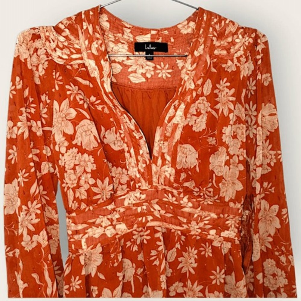 Lulus Small Burnt Orange Floral Mini Dress Long Sleeve Deep V Boho Flowery Beads - Picture 4 of 16